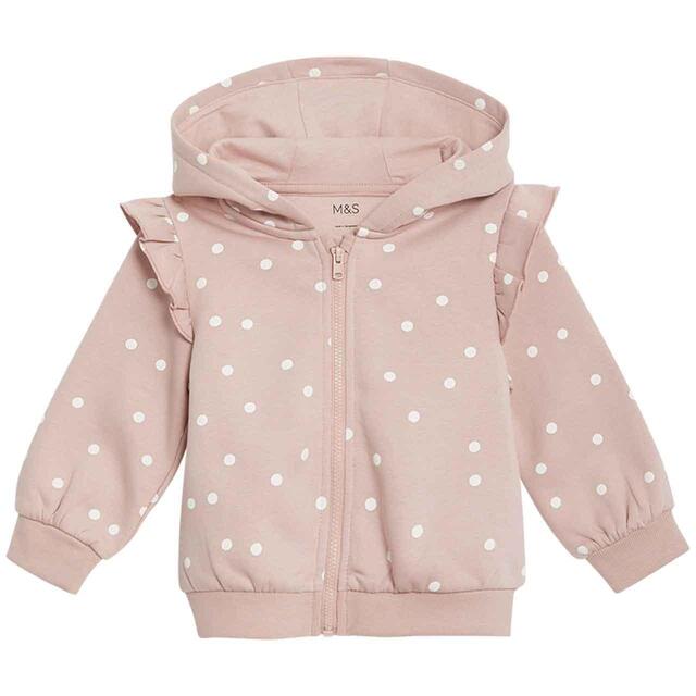 M&S Spot Print Frill Hoodie, 0-3 Months, Pink