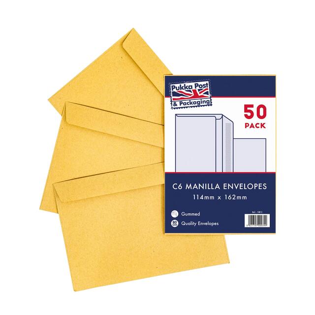 Pukka Pad 50 pack envelopes - C6 Manilla Gummed 114mm x 162mm