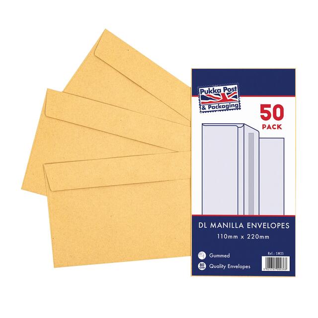 Pukka Pad 50 Pack Envelopes - DL Manilla Gummed 110mm x 220mm
