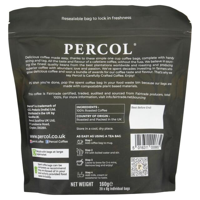 Percol Americano Fairtrade Coffee Bags 20 Pack thumbnail 2