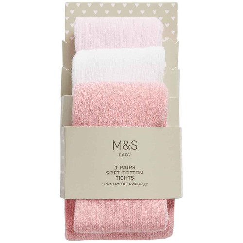 M&S Girls Cotton Rich Ribbed Tights, 12-18 Months, Light Pink, 3 Pack