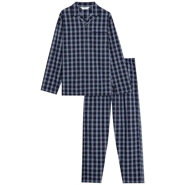 M&S Mens Pure Cotton Checked Pyjama, Set S-L , Navy