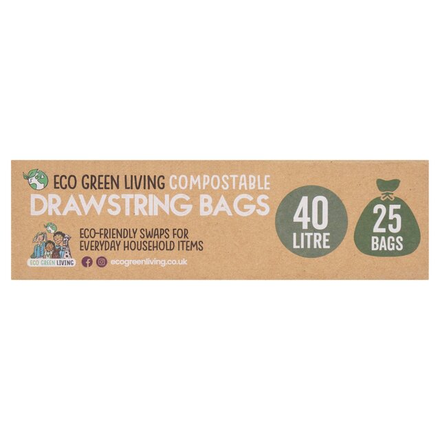 Eco Green Living Certified Compostable 40L Heavy Duty Drawstring Bin Bags