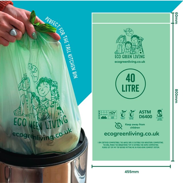 Eco Green Living Certified Compostable 40L Heavy Duty Drawstring Bin Bags thumbnail 2