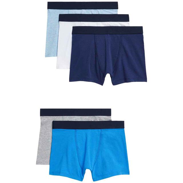 M&S Boys Cotton Rich Trunks, 6-12 Years, Blue, 5 Pack