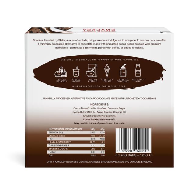 Snacksy Raw, Vegan, Alternative Chocolate Bar - Signature Dark thumbnail 2