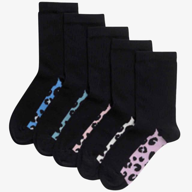 M&S Kids Leopard Socks, 5 Pack, 6 Small-7 Large, Black