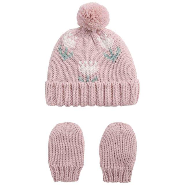 M&S Flower Hat and Mitten Set, 3-Months-3 Years, Dusted Pink