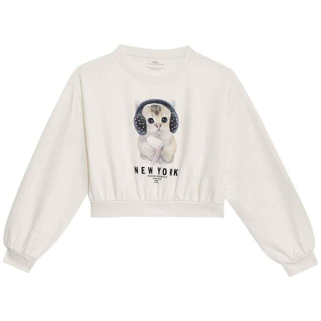 M&S New York Cat Sweatshirt, 7-12 Years, Ecru