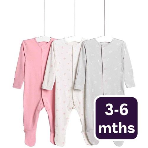 M&S Floral Popper Footed Sleepsuits, 3-6 Months, Pink