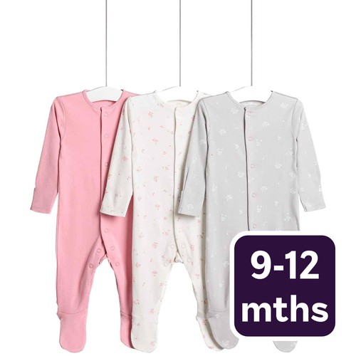 M&S Floral Popper Footed Sleepsuits, 9-12 Months, Pink