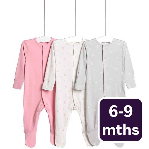M&S Floral Popper Footed Sleepsuits, 6-9 Months, Pink