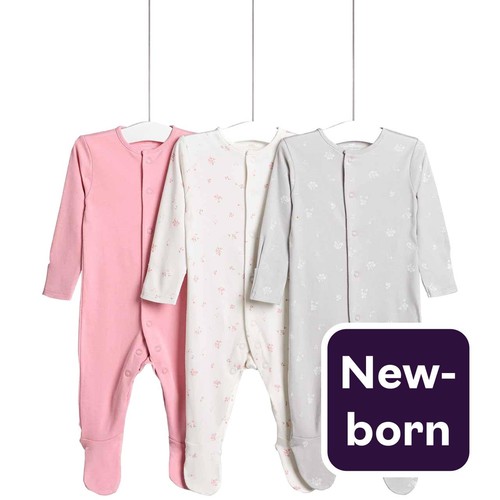 M&S Floral Popper Footed Sleepsuits, Newborn, Pink 