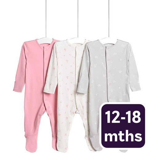 M&S Floral Popper Footed Sleepsuits, 12-18 Months, Pink