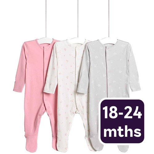 M&S Floral Popper Footed Sleepsuits, 18-24 Months, Pink
