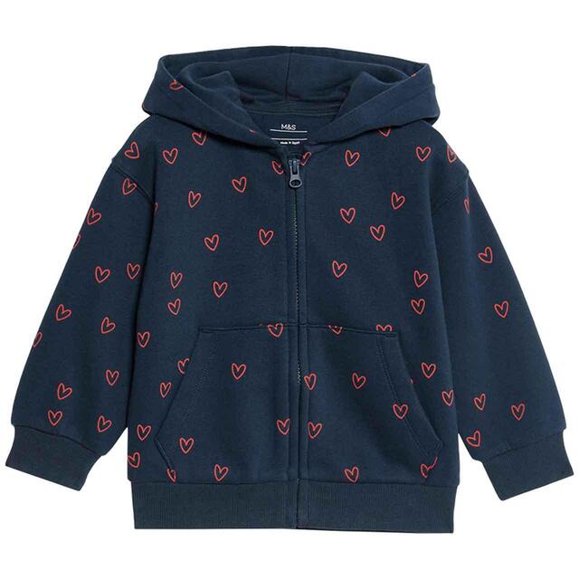 M&S Cotton Rich Heart Zip Hoodie, 5-6 Years, Navy