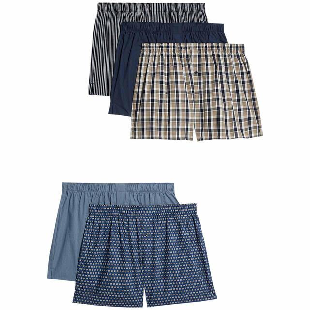 M&S Pure Cotton Striped Boxers, 5 Pack, Small, Blue