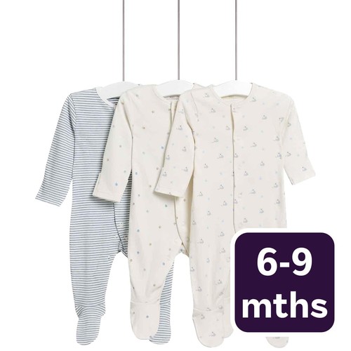M&S Dog Popper Footed Sleepsuit, 3 Pack, 6-9 Months, Blue