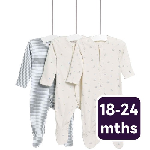 M&S Dog Popper Footed Sleepsuit, 3 Pack, 18-24 Months, Blue