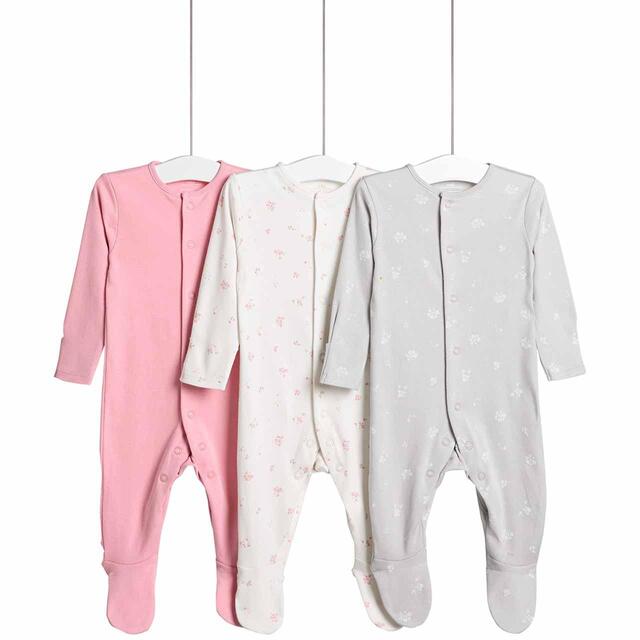 M&S Floral Popper Footed Sleepsuits, Newborn-3 Years, Pink