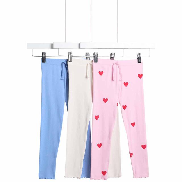 M&S Cotton Rich Heart Rib Leggings, 3 Pack, 2-8 Years, Pink
