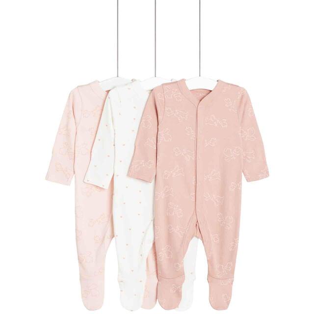 M&S Girls, 3 Pack Pure Cotton Rabbit & Heart Sleepsuits, 5lbs-3 Yrs, Pink