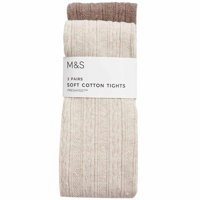 M&S Girls Cotton Rich Cable Knit Tights, 2 Pack, 2-14 Years, Neutral