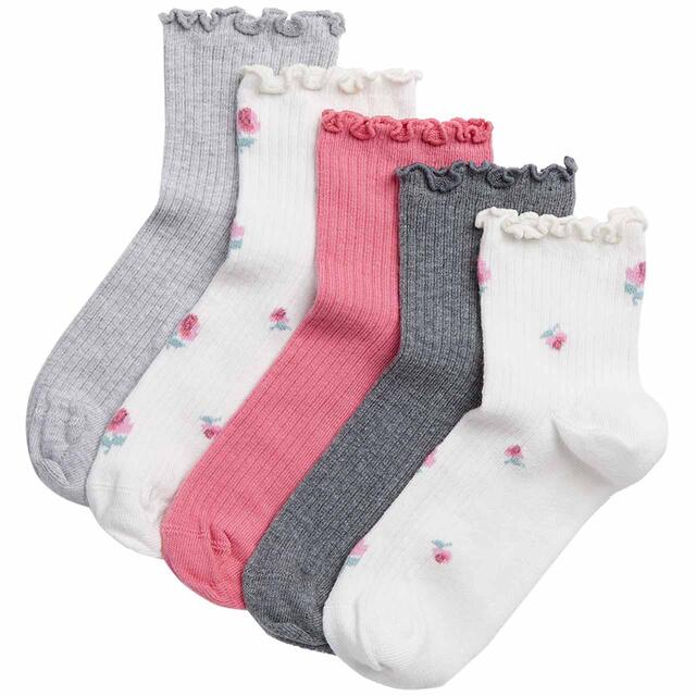 M&S Girls Floral Ribbed Ankle Socks, 5 Pack, Size 6 Small-7 Large
