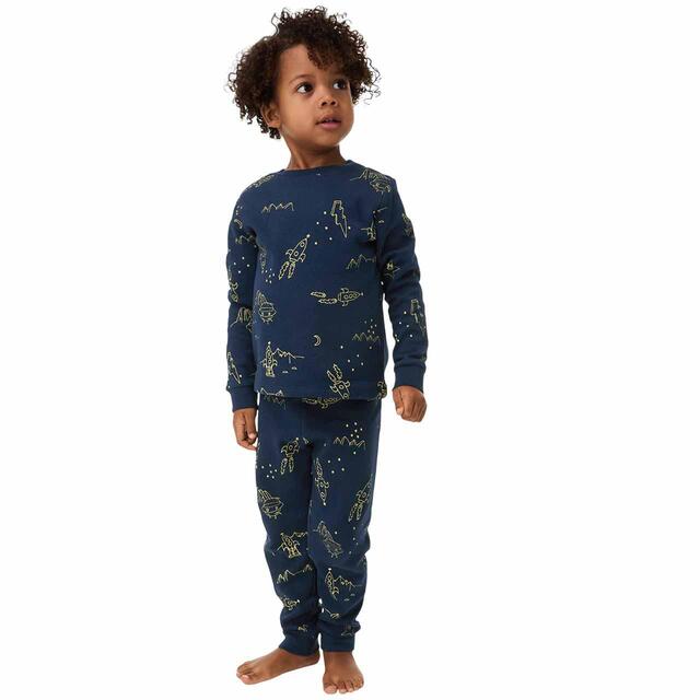 M&S Space Printed Waffle PJ, 2-7 Years, Navy thumbnail 3