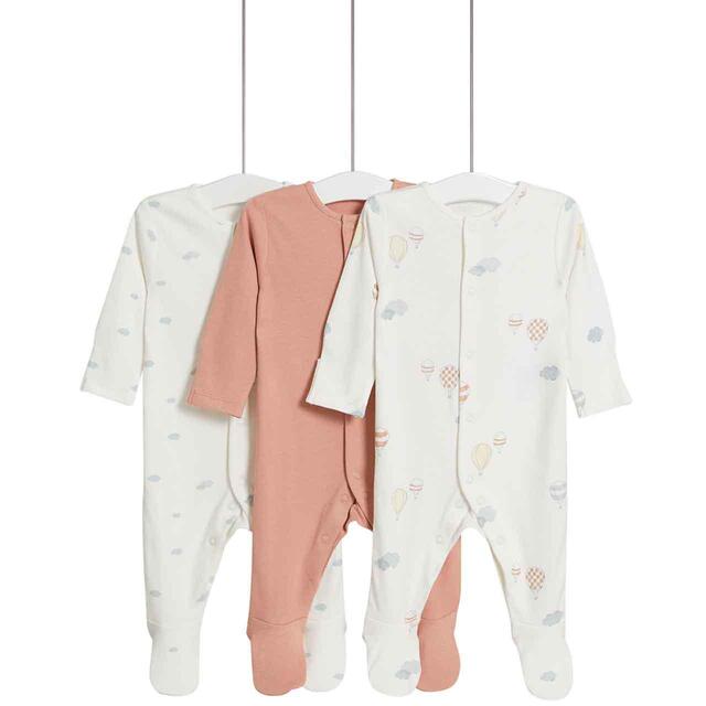 M&S Pure Cotton Balloon & Cloud Sleepsuits, 3 Pack, Newborn- 3 Years