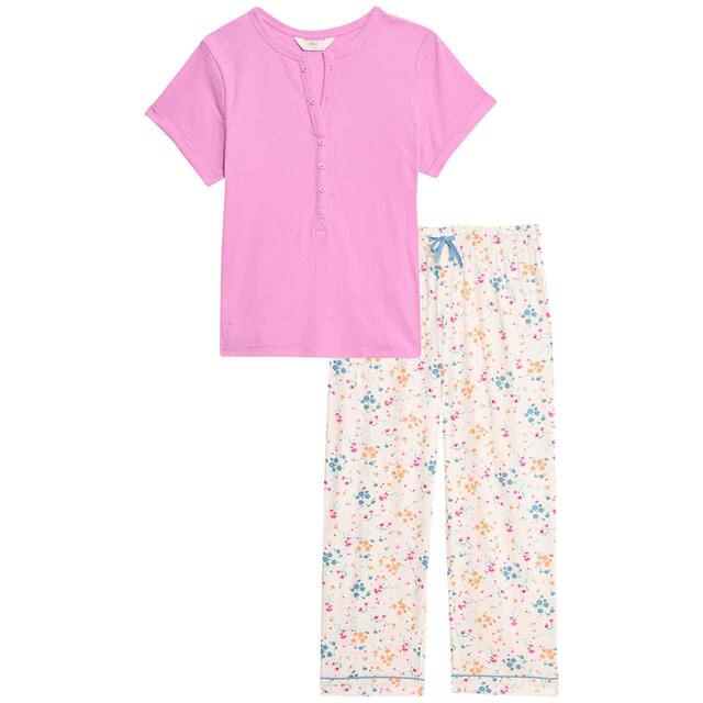 M&S Rib Pointelle Henley Pyjama Set, 8-18, Pink