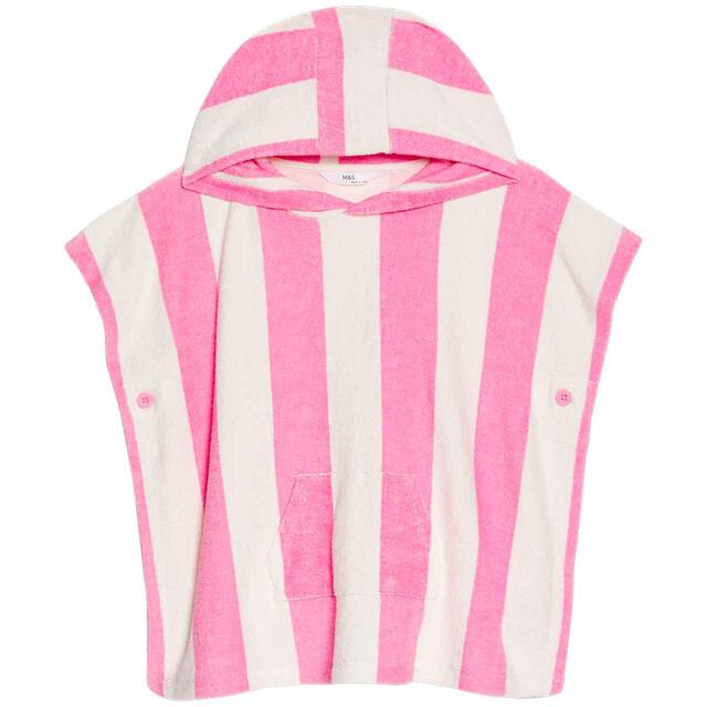 M&S Girls Pure Cotton Towelling Striped Poncho, 3-7 Years, Pink