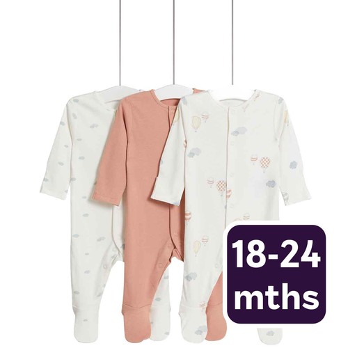 M&S Pure Cotton Balloon & Cloud Sleepsuits, 3 Pack, 18-24 Months 
