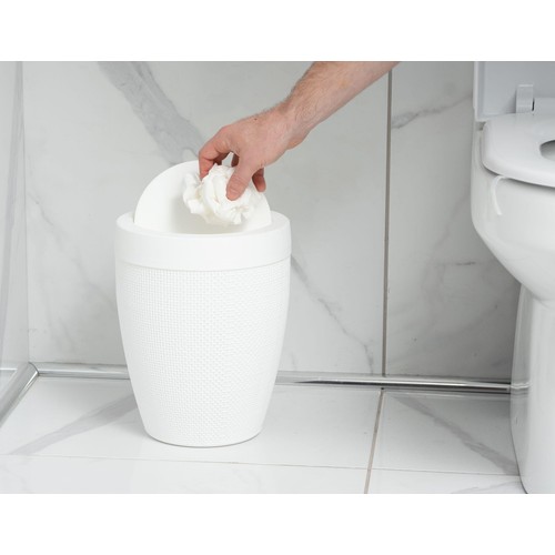 Addis Faux Hessian Plastic Round Swing Lid Bathroom Bin, White thumbnail 5