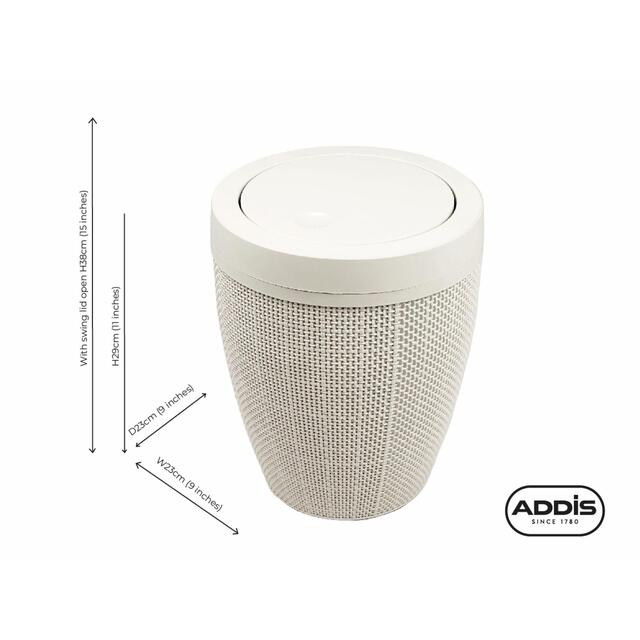 Addis Faux Hessian Plastic Round Swing Lid Bathroom Bin, White thumbnail 3