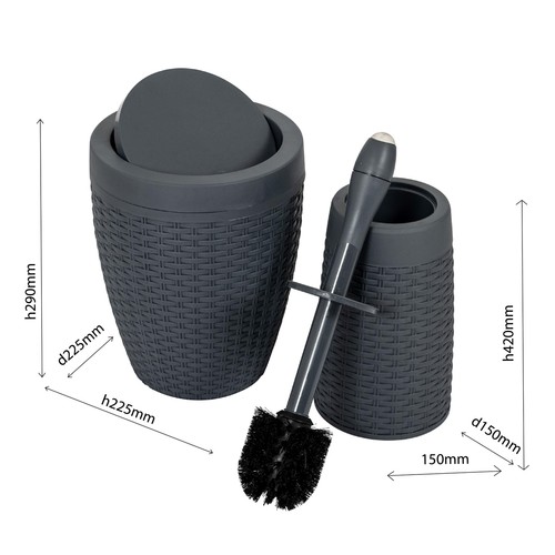 Addis Faux Rattan Swing Lid Bathroom Bin, Charcoal Grey thumbnail 2