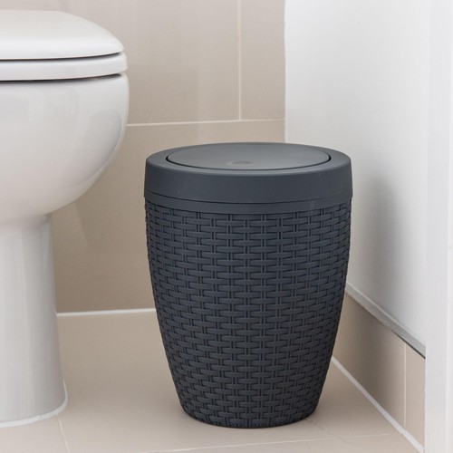 Addis Faux Rattan Swing Lid Bathroom Bin, Charcoal Grey thumbnail 3