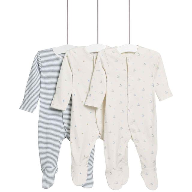 M&S Dog Popper Footed Sleepsuit, 3 Pack, Newborn-3 Years, Blue