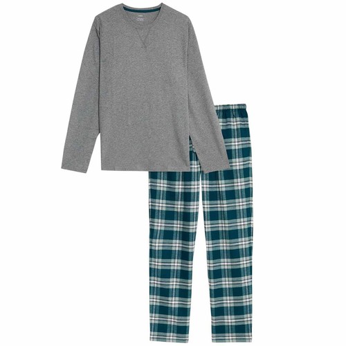 M&S Mens Brushed Cotton Checked Pyjama Set, 2XL, Grey Mix