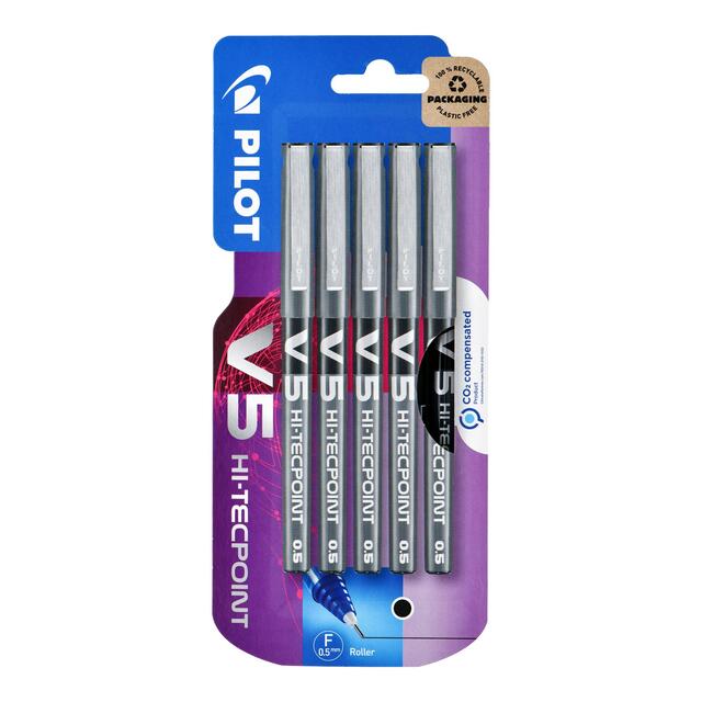 Pilot V5 Liquid Ink Rollerball Fine Line - 5 Piece Blister - Black