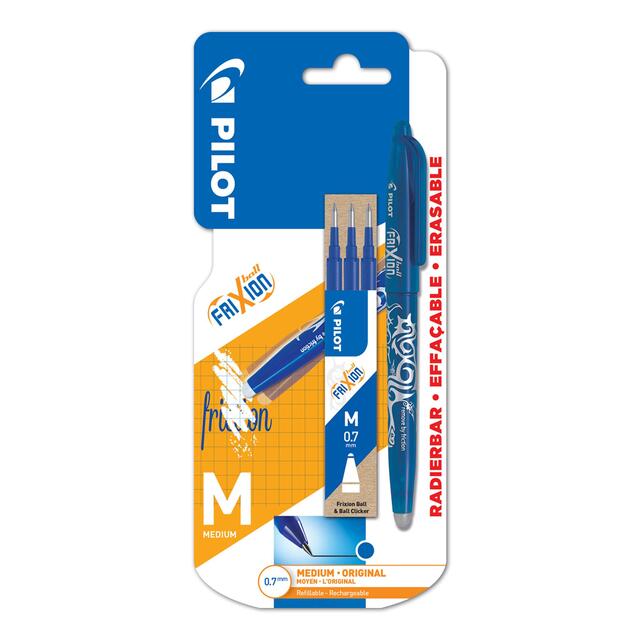 Pilot FriXion Ball Medium Line Single Pen + 3 Refills - Blister Card - Blue