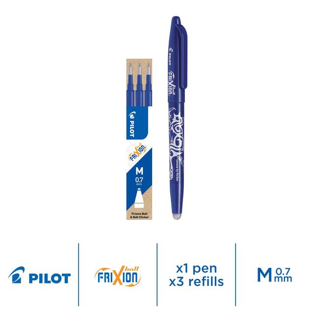 Pilot FriXion Ball Medium Line Single Pen + 3 Refills - Blister Card - Blue thumbnail 2