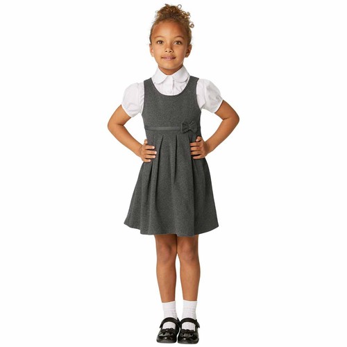 M&S Girls Jersey Bow School Pinafores, 6-7 Years, Grey thumbnail 2
