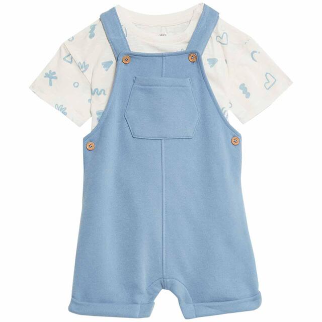 M&S Boys 2pc Cotton Rich Dungaree Outfit 6-9 Months Blue Mix