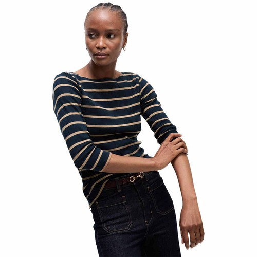 M&S Womens Pure Cotton Striped, Slim Fit Top, size 10, Dark Navy Mix thumbnail 3