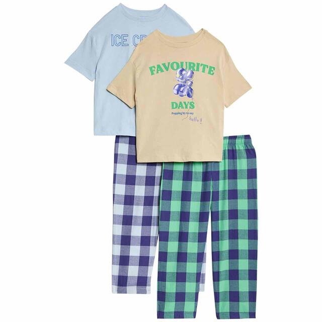 M&S Boys Pure Cotton Checked Pyjama Set, 7-12 Years, Blue