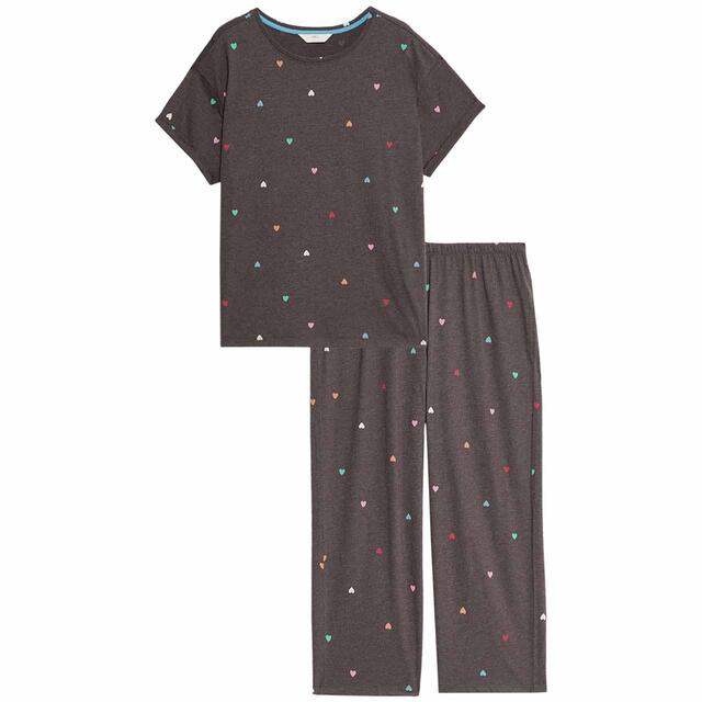 M&S Womens Cotton Rich Printed Pyjama Set, S-XL, Charcoal
