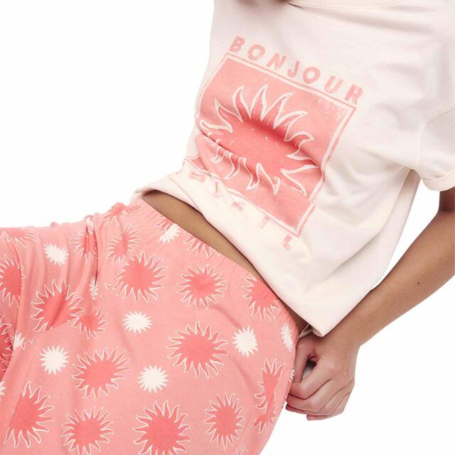 M&S Womens Cotton Rich Leaf Print Pyjama Set, Coral, S-XL thumbnail 2