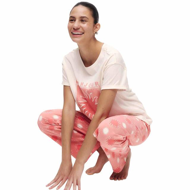 M&S Womens Cotton Rich Leaf Print Pyjama Set, Coral, S-XL thumbnail 3