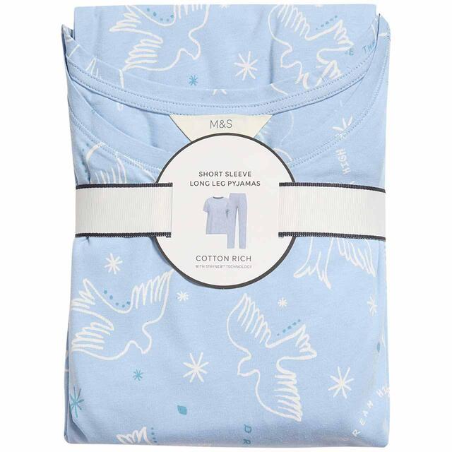 M&S Womens Cotton Rich Leaf Print Pyjama Set, Blue, S-XL thumbnail 2